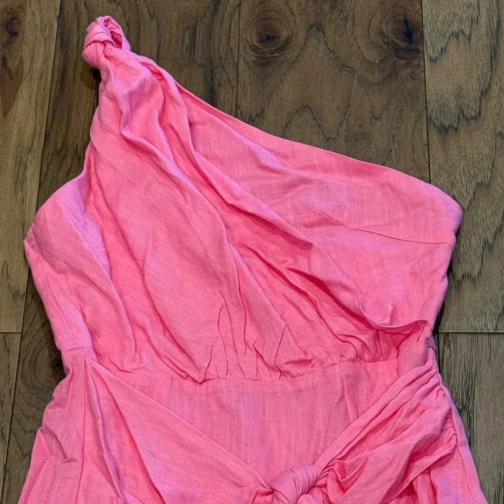 Hello Molly Pink One Shoulder Tie Front Linen Blend Mini Dress US 4‎ NEW